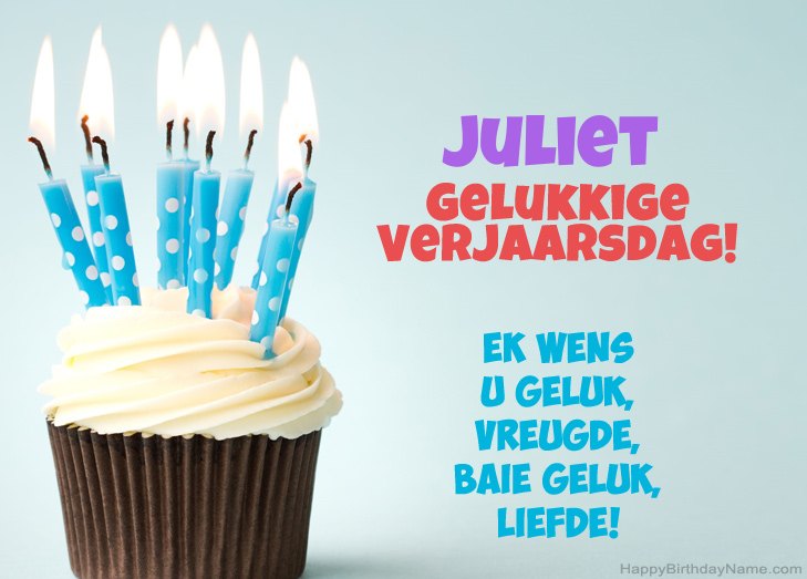 Baie geluk met die gelukkige verjaardag van Juliet
