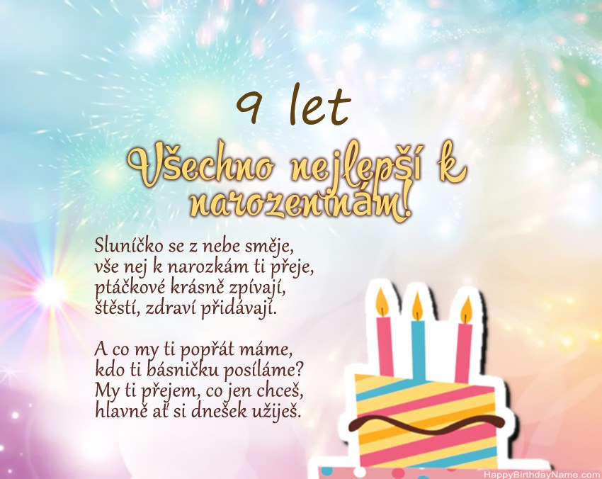 9 letá dívka Všechno nejlepší k narozeninám ve verši